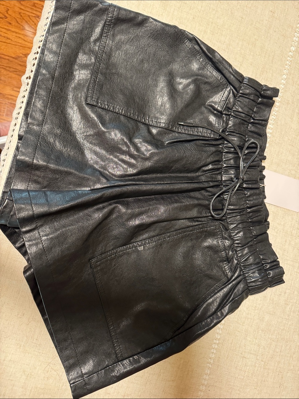 High-Waist Faux Leather Drawstring Shorts — Black
